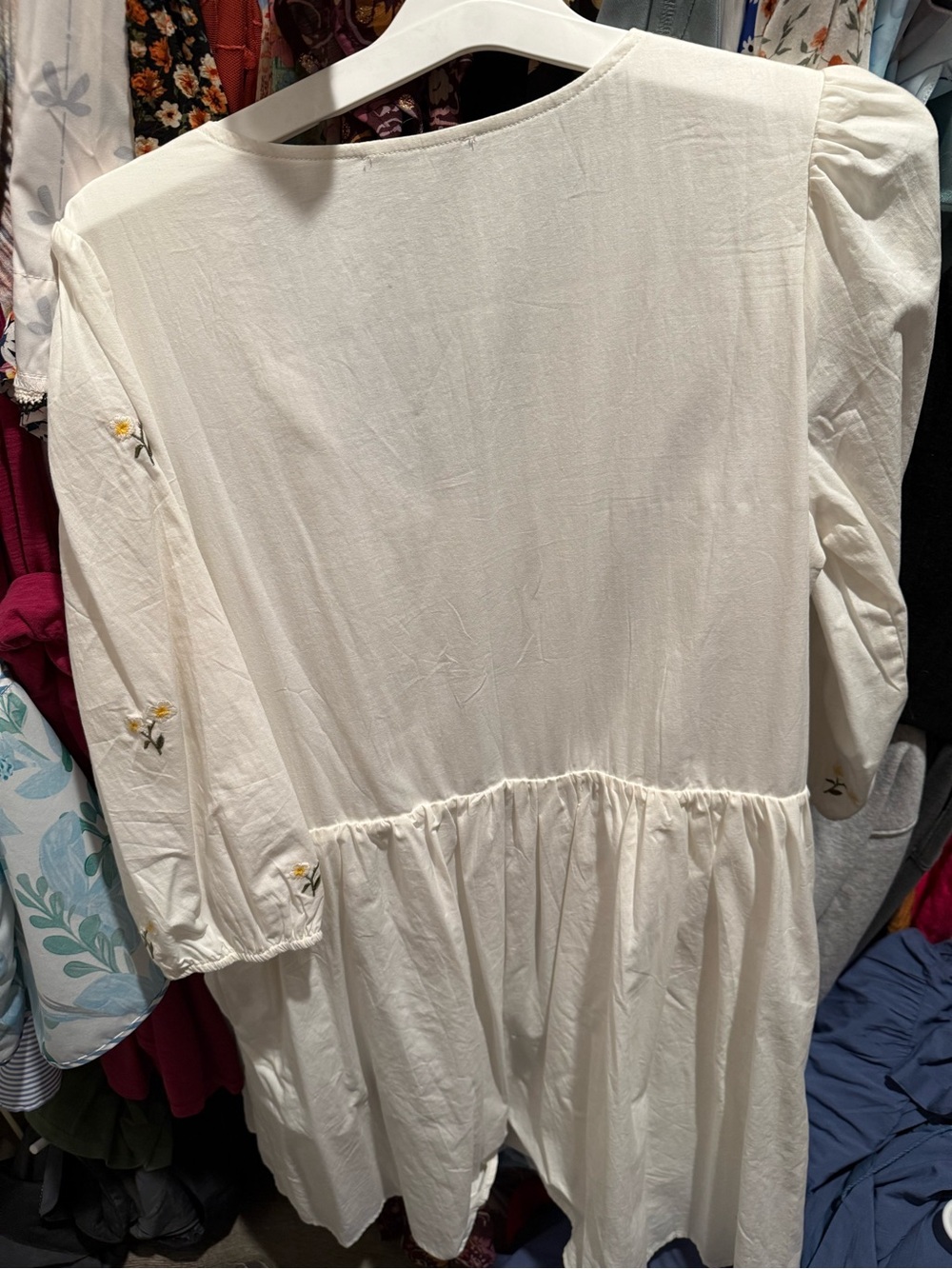 Polagram White Peasant Dress with Daisy Sleeve Embroidery